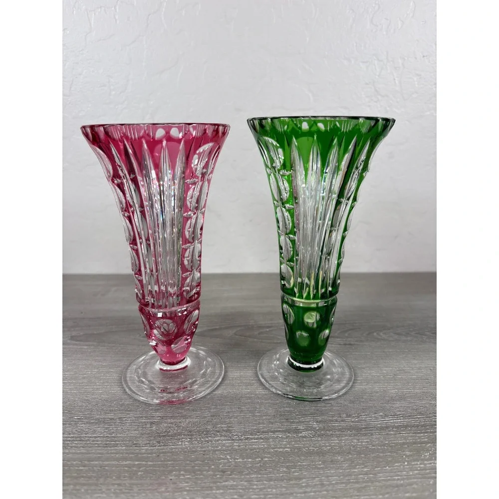 Vintage Bohemian Cut to Clear Crystal Bud Vases Pink Green Pair 6.5 Inch